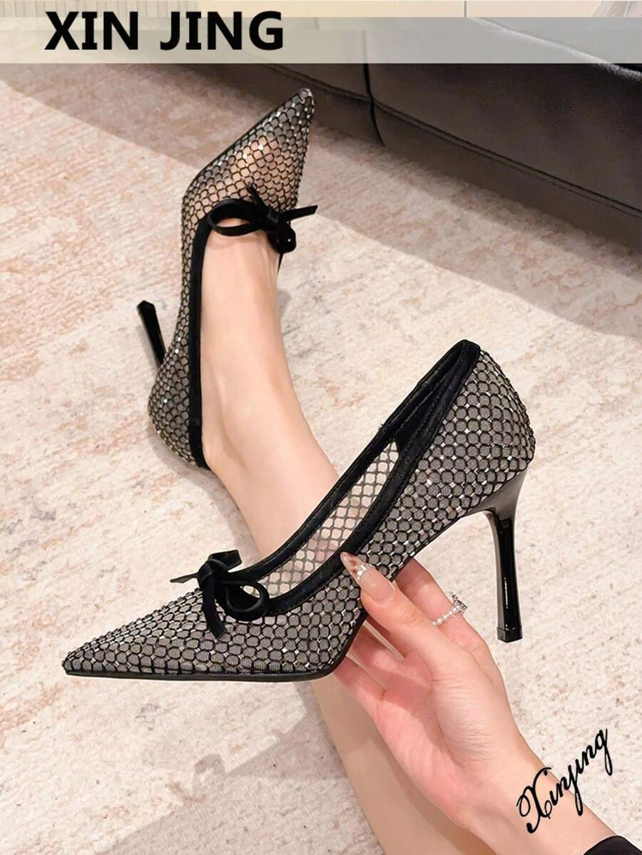 Xin Jing Shoes 女士高跟鞋，新款时尚百搭蝴蝶结水钻网面婚宴鞋，优雅日常通勤网面透气细高跟鞋