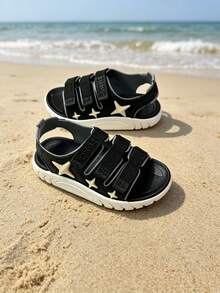 Sandalias cómodas con cierre de gancho y bucle con decoración de estrellas para niños, zapatos planos de playa para estudiantes de talla grande, adecuados para primavera y verano - Negro - Ver 4