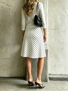 French Polka Dot A-Line Skirt, High Waist Slimming White Dotted Skirt, Casual Draping Skirt For Summer, French Retro Commuter Casual Skirt, French Girl Style - White - View 8