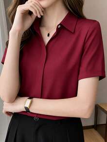 Women's Summer Silk Short Sleeve Designed Chic Hong Kong Style Satin Blouse - Redwood - View 3
