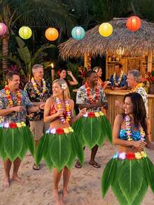 1pc Hawaiian Leaf Hula Skirt With Flowers,Soft Breathable Adjustable Artificial Green Leaf Skirts Decor,Suitable For Hawaiian Themed Parties, Beach Parties, Luau Parties And Masquerades,Ideal Gifts For Family Friends - View 1