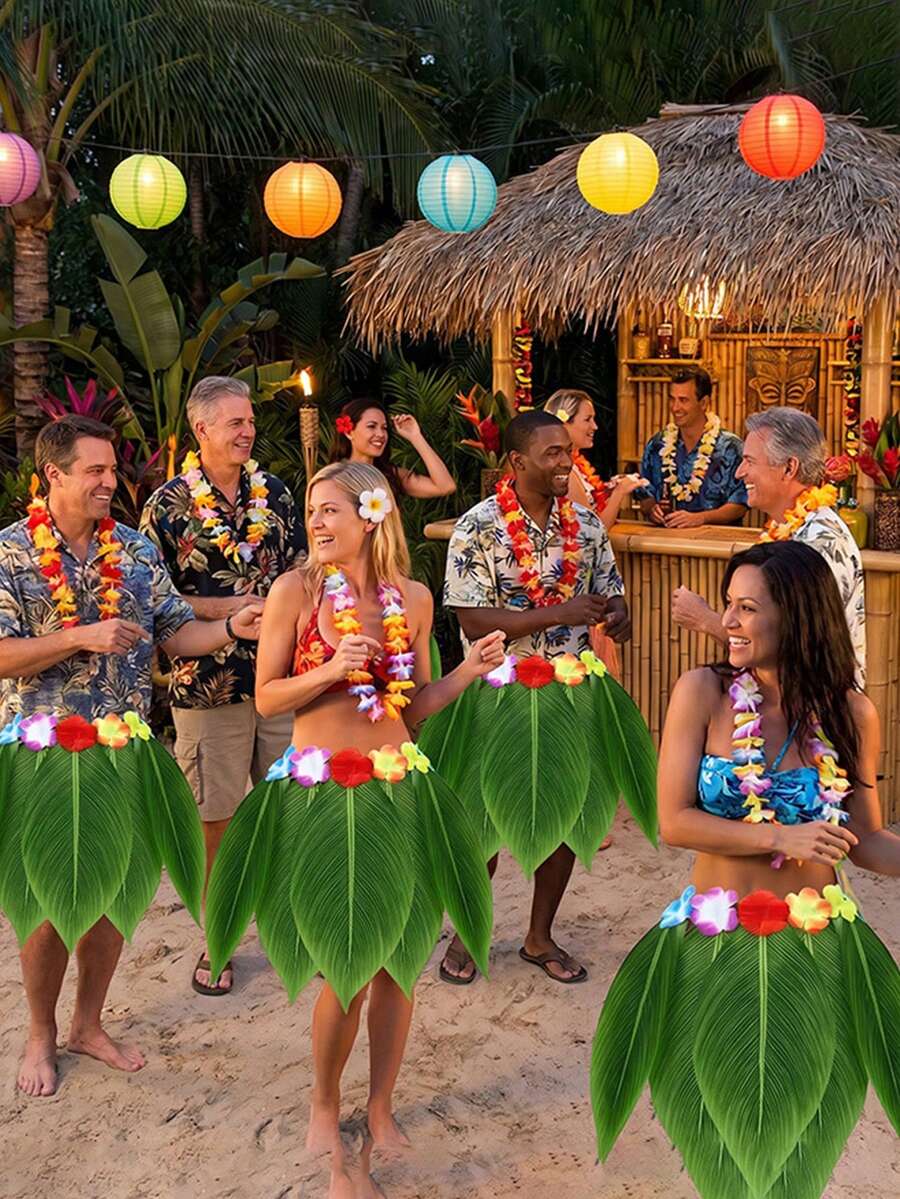1pc Hawaiian Leaf Hula Skirt With Flowers,Soft Breathable Adjustable Artificial Green Leaf Skirts Decor,Suitable For Hawaiian Themed Parties, Beach Parties, Luau Parties And Masquerades,Ideal Gifts For Family Friends - View 1