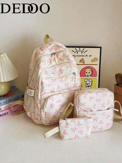 3pcs Beige Nylon Bow Print Multi-Pocket Foldable Waterproof Zipper Backpack, Suitable For Teenagers, High School/College Students, Women For Daily Use, School, Training, Commuting, Shopping, Travel, Valentine's Day Gift (Random Letter Tag), Fashion Backpack With Pencil Case, Cute Bow Backpack Essential For Back To School, College Backpack, College Essential , Pink , Bow , Kawaii