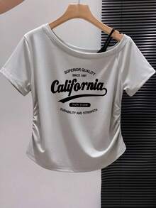 白色單肩方領 California 字母印花短袖女款夏季修身顯身材性感風上衣 美式復古休閒 - 淺灰色 - 查看 5