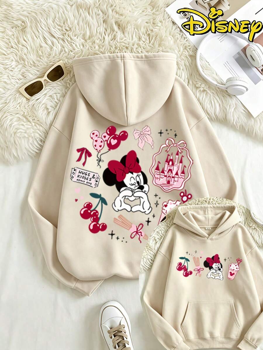 Disney Valentine's Minnie Mouse Castle & Hearts Hoodie, Women's Casual Long Sleeve Hooded Sweatshirt - Màu be - Xem 1