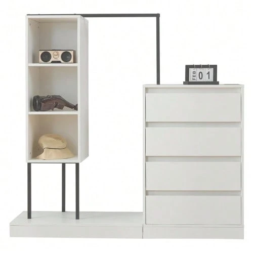 Chest Of Drawers, Wardrobe Set, White Wardrobe, Sideboard, Clothes Rail, Dimensions: W140/W40/H135 - White - View 1
