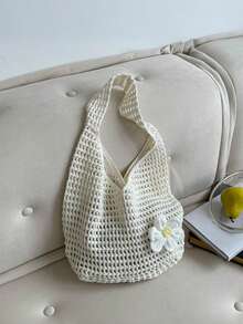 Yogodlns 鏤空編織波希米亞風大容量隨性女款休閒購物沙灘托特包，鉤編花卉設計 - 米色 - 查看 11