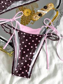 Women's Retro Polka Dot And Striped Bikini Swimsuit, Casual And Fashionable For Vacation, Music Festivals, Cup Races, Kentucky Derby, Summer Beach. - 咖啡粉 - 查看 5