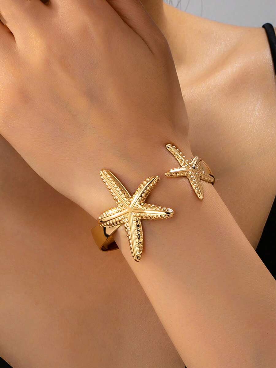 1 buah Gelang Logam Minimalis Berbentuk Bintang Laut yang Modis, Cocok untuk Wanita - Yellow Gold - View 1