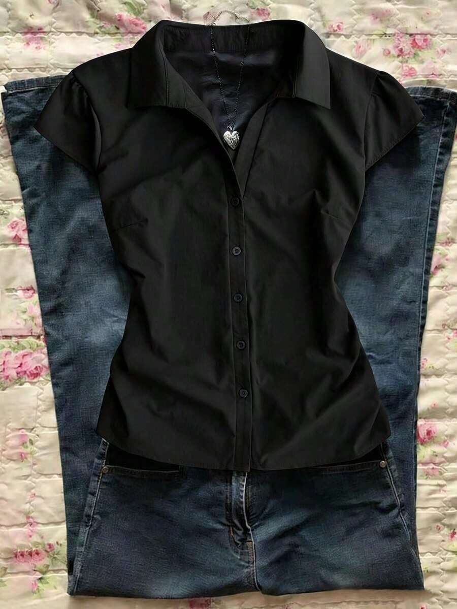 Nueva blusa azul de mujer con cuello en V, plisada y de manga corta, para verano - Negro - Ver 1