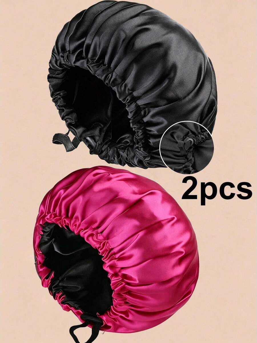 CONFLASS 2pcs Reversible Satin Sleeping Cap For Women, Adjustable Drawstring Night Cap, Silky Satin Nightcap For Daily & Nighttime Use, 2 Color Combo