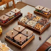 1pc Retro Walnut Wood Lid Square Glass Snack Tray, Divided Compartments For Candies, Nuts, Tea Snacks, Suitable For Home, Office, Gatherings - Transparent + Brown - View 9