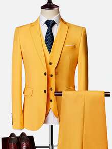 Bộ vest nam 3 món màu vàng chanh thường ngày, thích hợp cho hẹn hò, dự tiệc, trang phục đơn giản. - Màu vàng - Xem 2