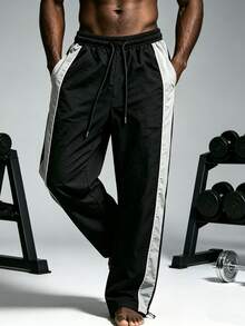 1pc Regular Length Quick Dry Adjustable Cuff Side Stripe Black Grey Woven Wrinkle Resistant Outdoor Sports Trousers - Black - View 4