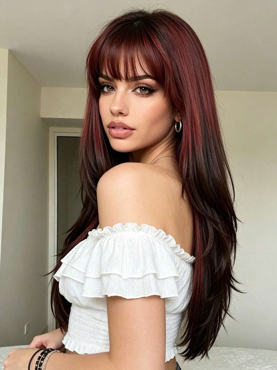 22 Inch Light Pink Straight Synthetic Wig With Full Bangs, Heat Resistant, Suitable For Women's Daily Wear, Cosplay And Party - Red Ombre - View 1