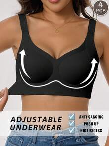 4-Piece Plus Size Bra, Seamless Breathable Wireless Sports Bra For Women - Full Coverage Design, Anti-Slip Material, With Lifting And Support Functions, Comfortable To Wear, Ribbed Details, Made Of Nylon And Elastic Fiber Blend, Hand Wash. Elegant Solid Color Design.Plus Size Lingerie - 彩色 - 查看 3