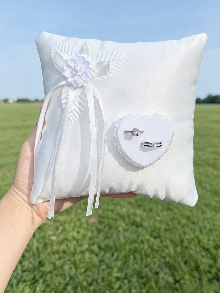 1pc White Satin Ring Tray With Flower And Heart Ring Holder, Elegant Wedding Ring Pillow With Pearl Decor, Suitable For Wedding Ceremony, Bridal Party And Proposal - View 1