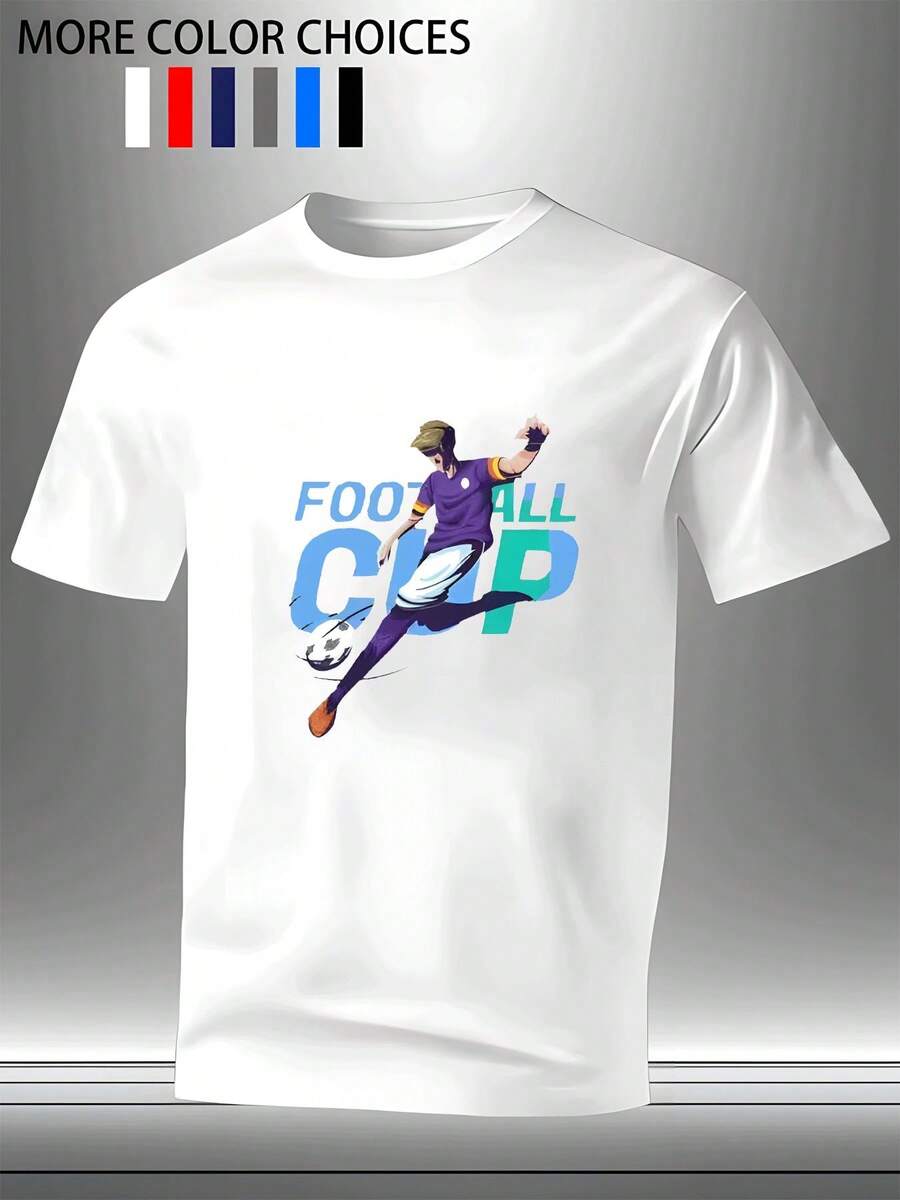 Camiseta Casual para Hombre con Diseño Gráfico de Copa de Fútbol y Patrón de Jugador de Fútbol de Dibujos Animados, Moda Masculina para Adultos, Ropa Deportiva Casual para Hombres - Blanco - Ver 1