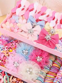 494pcs/Set Kawaii Pink Mesh Flower, Bow, Rhinestone, Pearl Hair Accessories Set, Including Hair Clips, Hair Barrettes, Hair Ties, Suitable For Girls And Teenagers, For Daily, Vacation, School, Travel - Multicolor - View 8