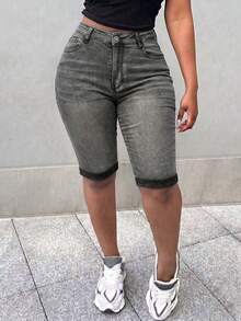 Women's Casual Distressed Elastic Denim Shorts, Suitable For Commuting And Daily Wear, Spring/Summer - Light Grey - View 1