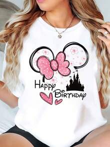 Disney Minnie Mouse Floral Bow Happy Birthday Castle Print Women T Shirt Round Neck Short Sleeve Casual Party Celebration Birthday Gift Soft Comfortable 220g - trắng - Xem 1