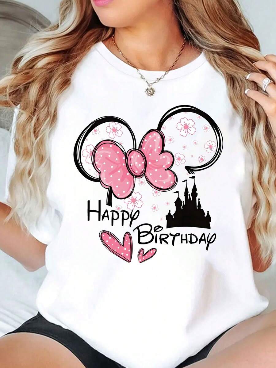 Disney Minnie Mouse Floral Bow Happy Birthday Castle Print Women T Shirt Round Neck Short Sleeve Casual Party Celebration Birthday Gift Soft Comfortable 220g - trắng - Xem 1