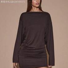 Soqi Women's Clothing Vestido mini de manga larga, cuello en V profundo, suelto, de color marrón/café sólido, adecuado para cóctel, cita romántica, reunión, evento formal, dama de honor, salida nocturna, Halloween, Navidad - Burdeos - Ver 5