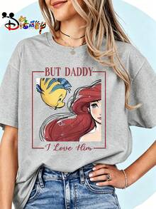 Breathable Cotton Disney Fan Tee | "Ariel & Flounder" Nostalgic Quote Graphic Print | Pullover Shirt - 灰色 - 查看 1
