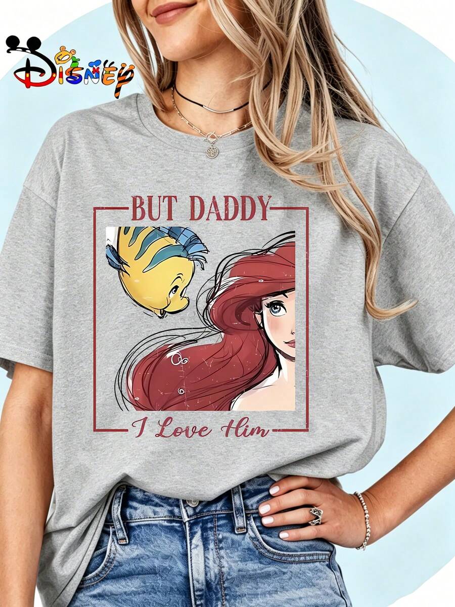 Breathable Cotton Disney Fan Tee | "Ariel & Flounder" Nostalgic Quote Graphic Print | Pullover Shirt - 灰色 - 查看 1