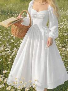 MOD Vestido de primavera para vacaciones con escote en forma de corazón, mangas farol y diseño de busto plisado - Blanco - Ver 2