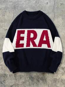 ANDREILEE Men's Casual Fashion Streetwear ERA Letter Crew Neck Loose Long Sleeve Ribbed Hem Daily Commute Versatile Knit Pullover Sweater - Navy Blue - View 6