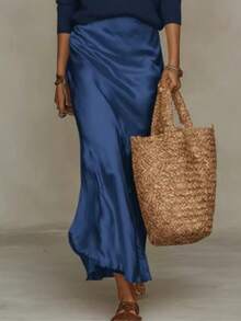 Slip Maxi Dress & V-Neck Knit Sweater Outfit, Elegant Casual Matching - 藍色 - 查看 3