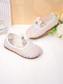 1 Pair Girls' Ombre Rose Lace Princess Shoes, Mesh 3D Floral + Lace Bow Soft Non-Slip Flat Shoes, Suitable For Kindergarten, Birthday Party, Formal Wear, Spring/Summer - Pink - View 3