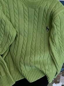 Autumn/Winter Embroidered Crew Neck Cable Knit Sweater, Loose Fit Cardigan For Women Fall - Green - View 4