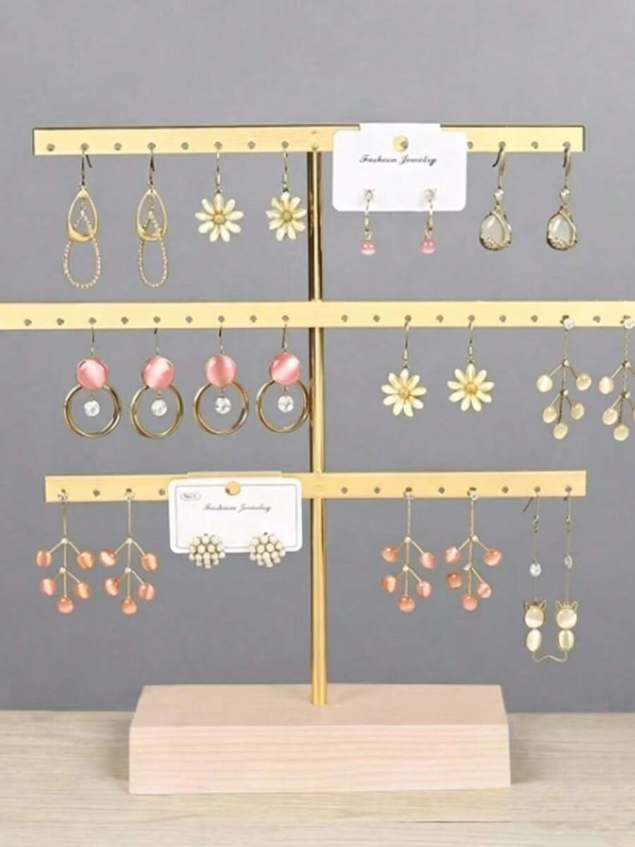 A 3-Tier Metal Earring Holder, Storage For Stud Earrings And Ear Clips, Household Jewelry Display Stand, Accessory Rack - Gold - View 1