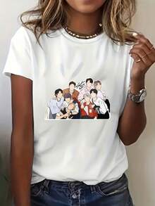 Group Portrait Design In Cartoon Style. Digital Print. Short Sleeves. Unisex. Pure Cotton. Loose And Comfortable. - White - View 1