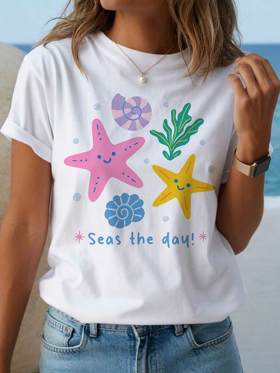 TrendyCasual Women's Short-Sleeve T-Shirt With A Vibrant Geometric Design Of Starfish And Ocean-Themed Flowers. This Breathable Crew Neck T-Shirt Is Machine Washable, Perfect For Spring And Summer Beach Vacations Or Everyday Comfort. - 白色 - 查看 1