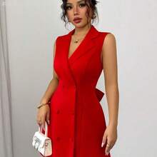 Fengyu Women's Clothing Store Nuevo vestido mini de mujer con diseño de lazo, de cuello de solapa, doble botonadura, escote en V profundo, sin mangas, ajustado, versátil para fiesta, cita, joven, elegante, pequeña y sexy - Rosa Fucsia - Ver 7