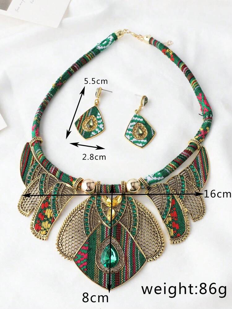 Random Patterned Bohemian Necklace Set, 1pc African Statement Necklace & 1 Pair Earrings, Suitable For Women's Festivals, Cultural Parties, Travel, Daily Outfit Jewelry Accessories