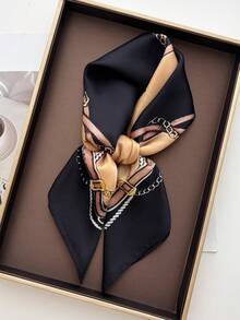 26.77 Inch Silk-Like Printed Square Scarf 68cm, Women's Fashion Breathable Multifunctional Headband Neckerchief Accessory, 1pc - Black - View 3