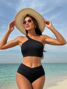 2026 New Solid Color One-Shoulder Two-Piece Ribbed High-Waist Swimsuit Bikini - Black - View 1