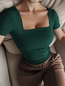Square Neck Blouse With Short Sleeves, Versatile And Stylish Casual Wear For Everyday Use, Spring/Summer Clothing - Dark Green - View 2