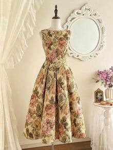 Vestido de mujer elegante y clásico vintage, vestido de jacquard ajustado para primavera/verano, vestido de cuello barco, vestido floral rosa sobre base albaricoque, vestido con flores de rosa, vestido de vuelo de longitud media - Albaricoque - Ver 3