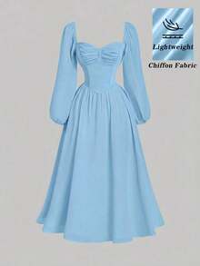 MOD Vestido de primavera para vacaciones con escote en forma de corazón, mangas farol y diseño de busto plisado - Blanco - Ver 11