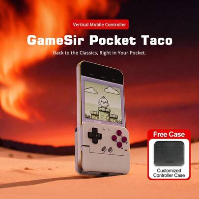  GameSir Pocket Taco 复古游戏手柄，兼容 iOS 和安卓手机，也可通过蓝牙连接 2/1，支持竖屏掌机模式，便携轻巧，配备硅胶保护垫，内置键盘模式，响应灵敏的薄膜按键设计，内置 600mAh 电池，颜色有米白色和原子紫两种。