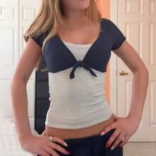 Women's Wrap Tops V Neck Crop Tops Summer Short Sleeve Tie Front T-Shirt Slim Fit Solid Color Shrug Blouse Casual Basic Tees Aesthetic Streetwear - 藍色 - 查看 2