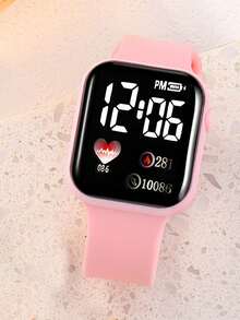 6pcs/Set Pink Girls Sports Electronic Watch Square And Heart Rhinestone Jewelry Set, Casual, Holiday Gift - Pink - View 5