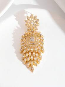 1 Pair Luxury Elegant Sparkling Cubic Zirconia Inlaid Floral Cluster Design Earrings Suitable For Women's Wedding Banquet Wear, Gift Box Not Included - Yellow Gold - View 5