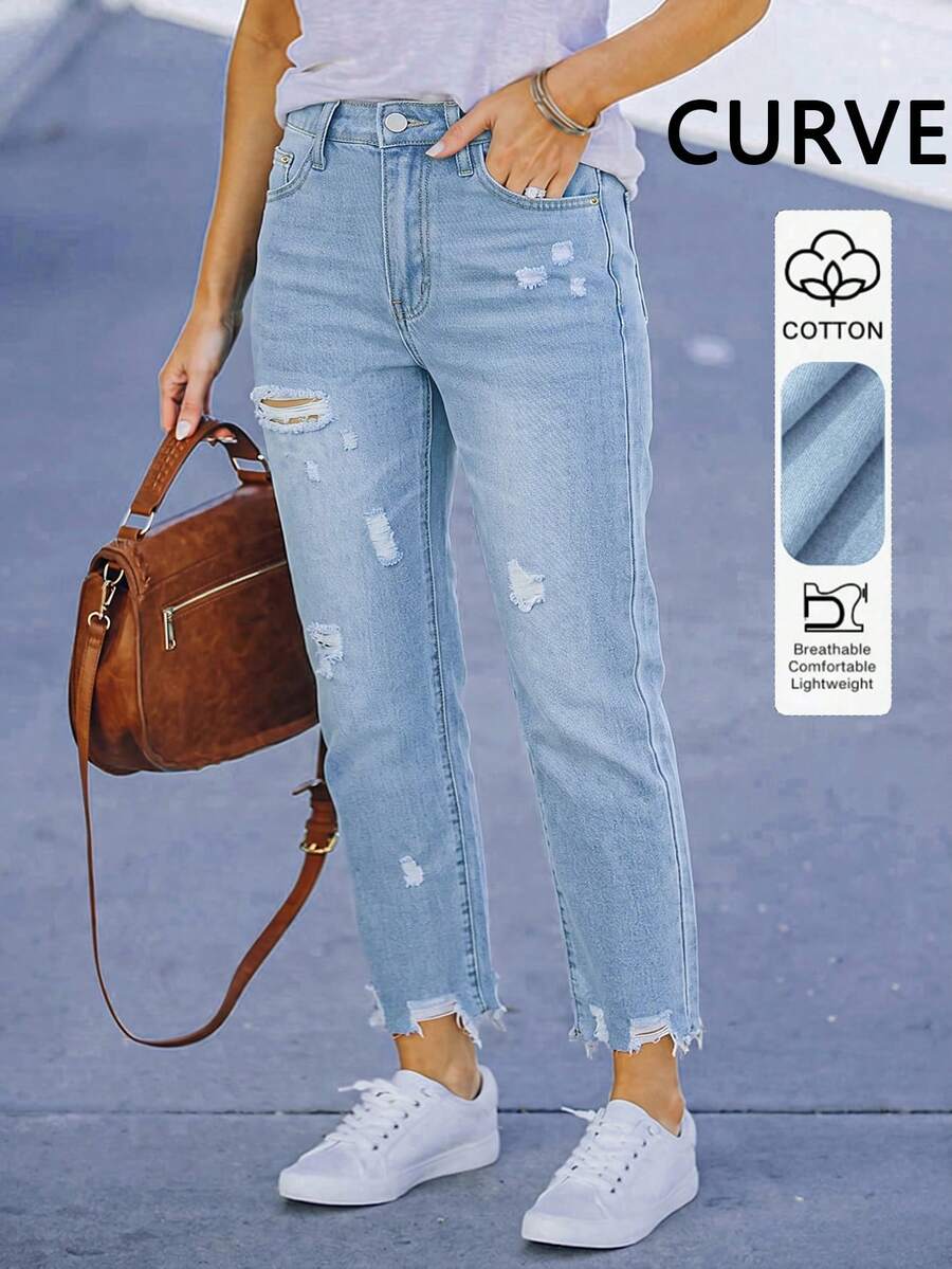 European And American Style Crossover Popular Street Fashion Loose Distressed Non-Stretch Mid-Waist Plus Size Women's Jeans Casual Fall - Light Wash - View 1