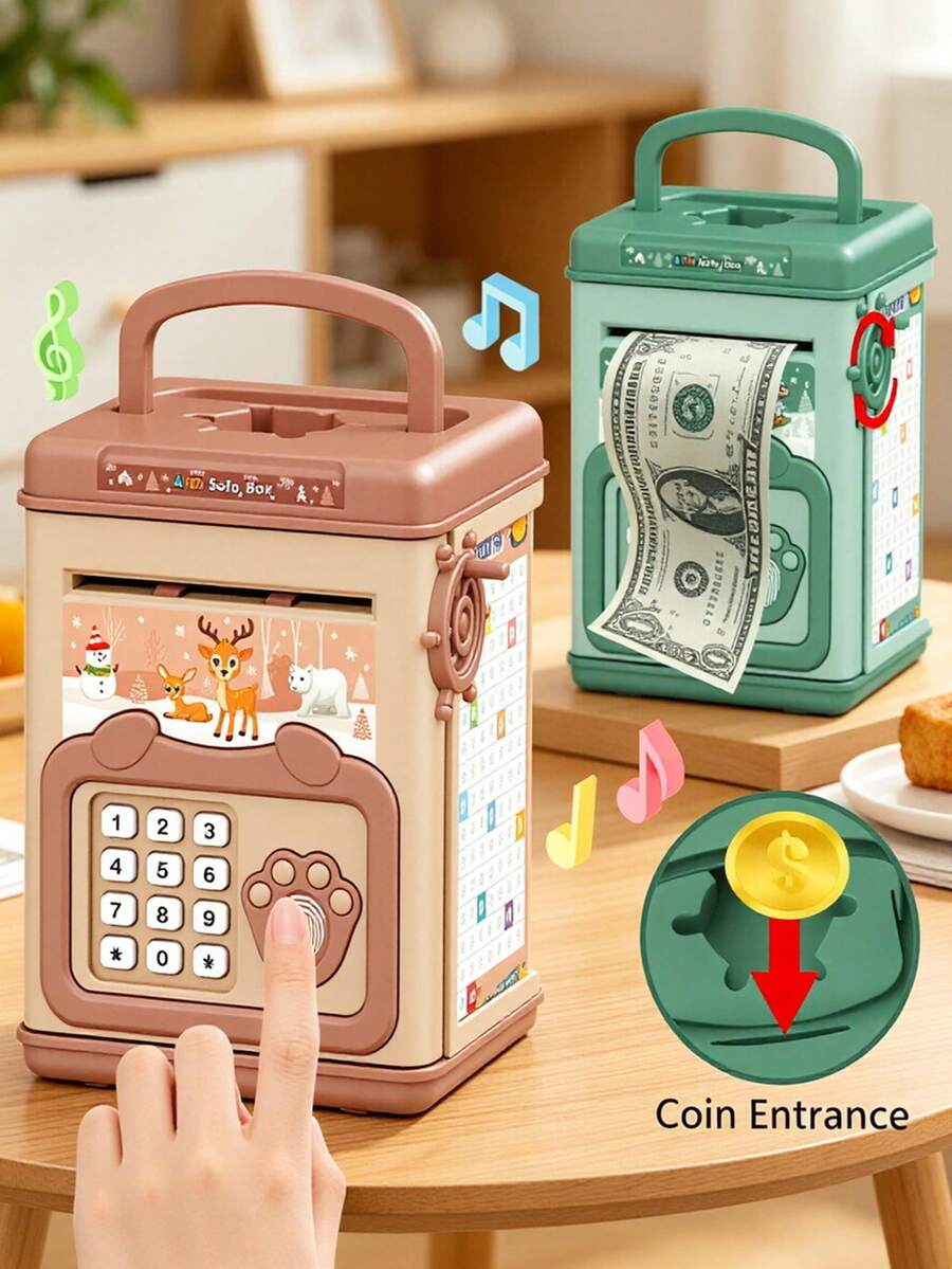 Hucha de cerdito tipo cajero automático con contraseña y desbloqueo por huella dactilar, caja de ahorro educativa para niños, aviso de voz y rollo de papel con manivela manual, herramienta de aprendizaje financiero interactiva para padres e hijos, regalo para niños y niñas (todos los accesorios al azar, requiere 2 baterías AA de 1.5V)